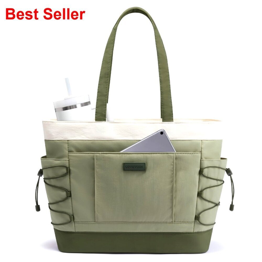 Large Puffer Tote Bag with Cup Holder, Laptop Compartment, Lightweight Travel